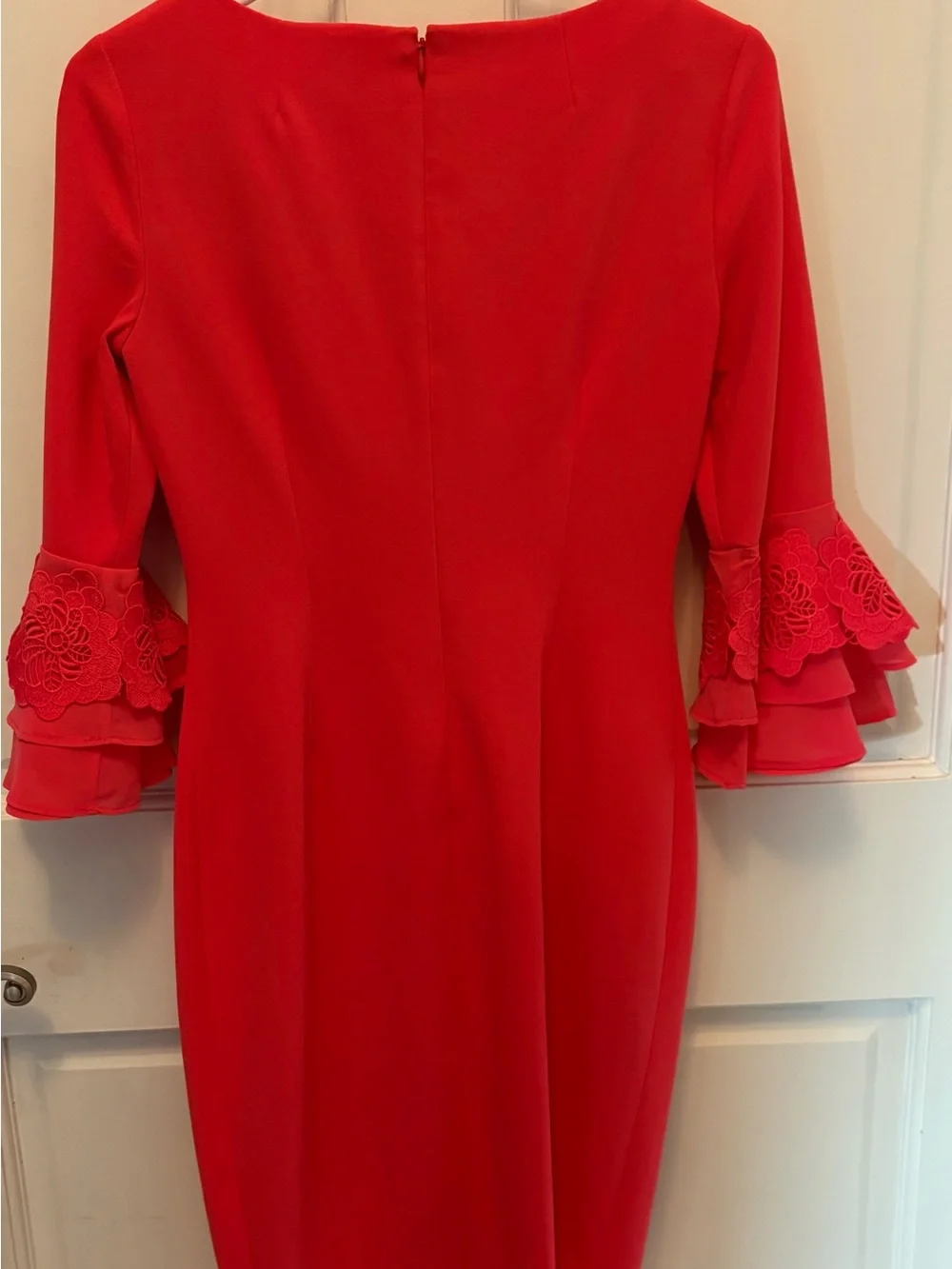 Calvin Klein Red Long-Sleeve Sheath Dress with Lace Ruffle Cuffs